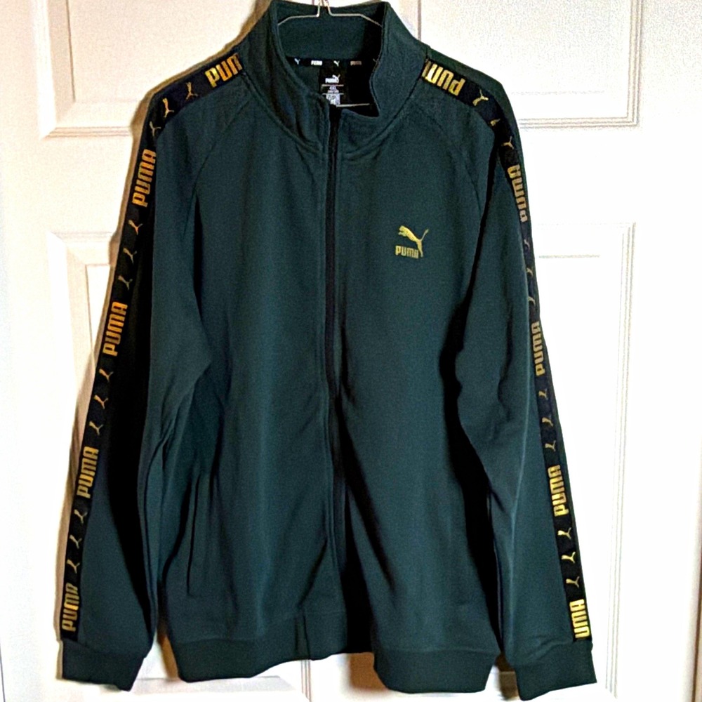 PUMA Men's Full Zip Track Jacket Green/Gold Logo 4XL Stand-Up